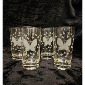 Butterfly Etched Glass Cups Set Of 4